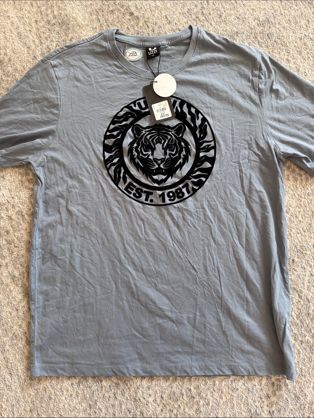 UZZI Men's Gray Short Sleeve Tee with Tiger Emblem and EST. 1987 Detail